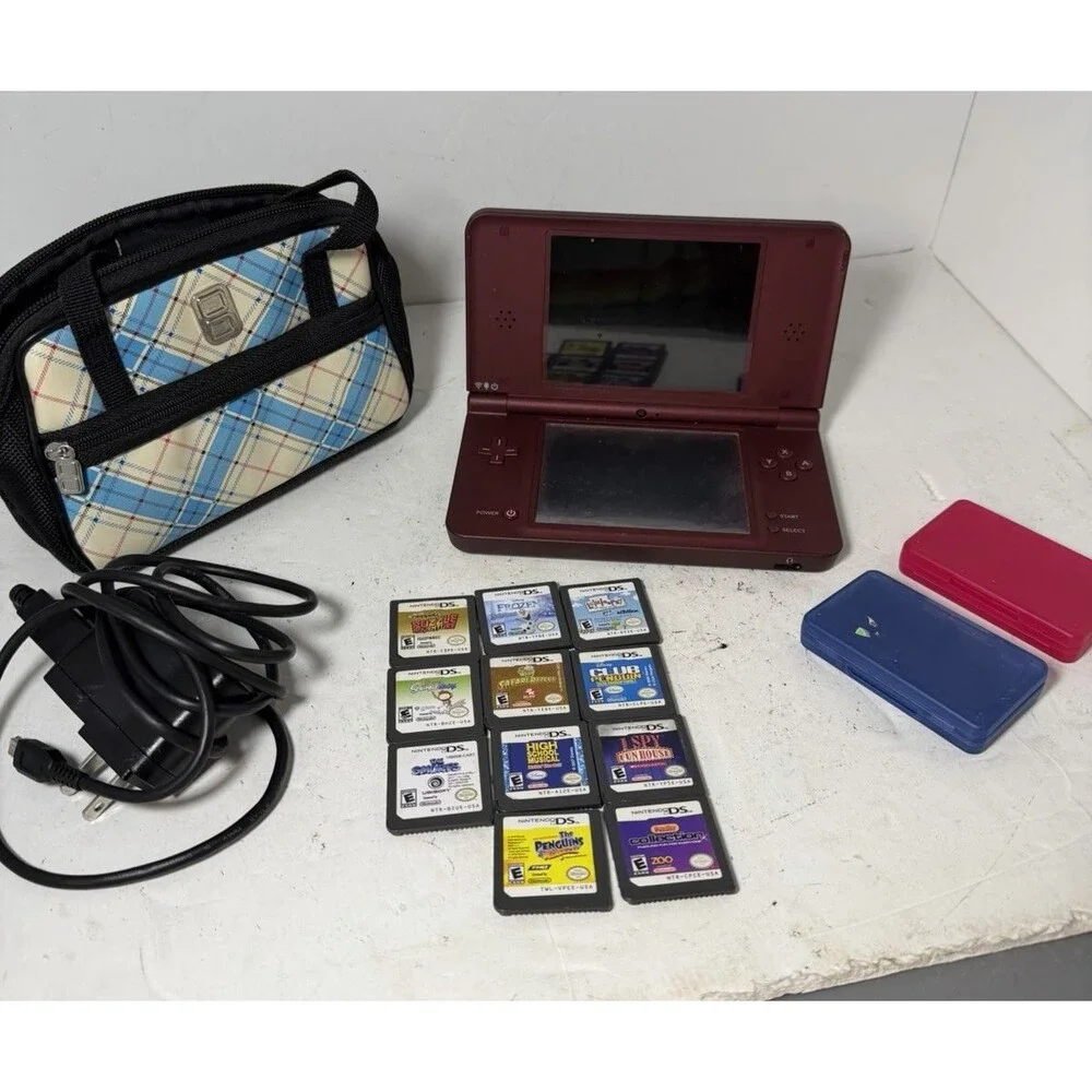 Nintendo DSi XL Wine Red Handheld Console UTL-001 W/11 Games Charger Tested